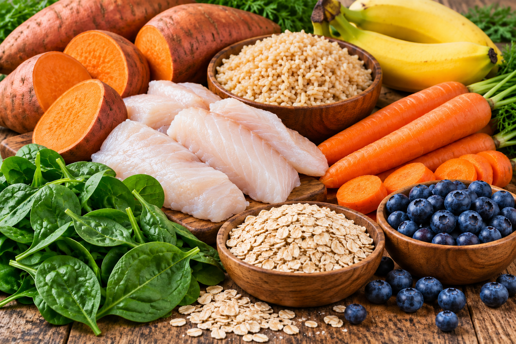 Super Food - White Fish, Brown Rice, Sweet Potato's, Carrots, Bananas, Blue Berries, Spinach and Oats