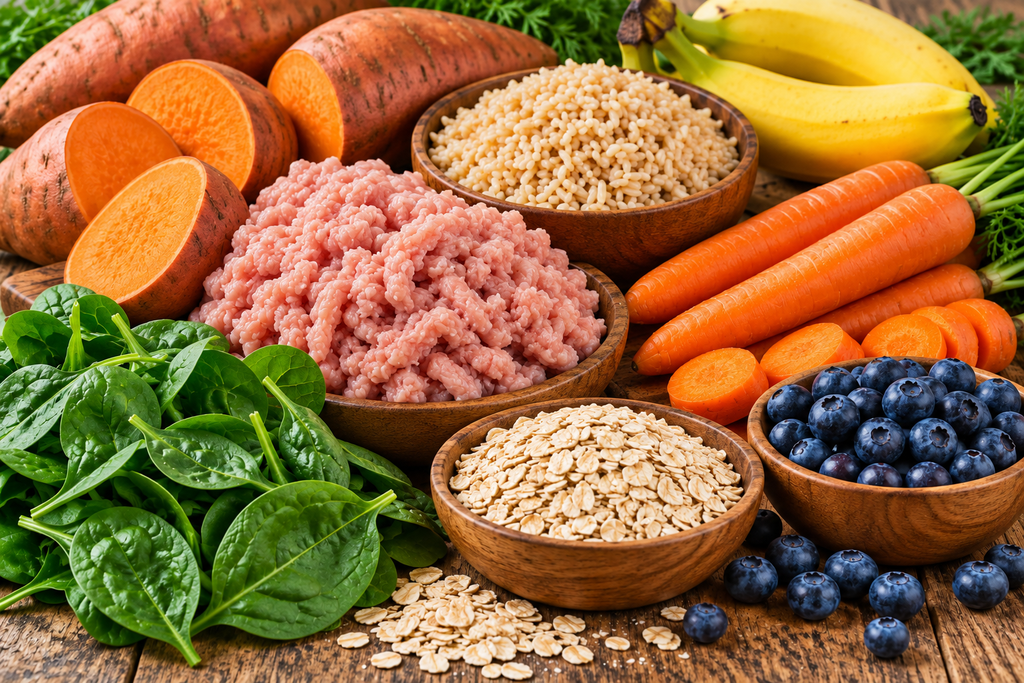 Super Food - Ground Turkey, Brown Rice, Sweet Potato's, Carrots, Bananas, Blue Berries, Spinach and Oats
